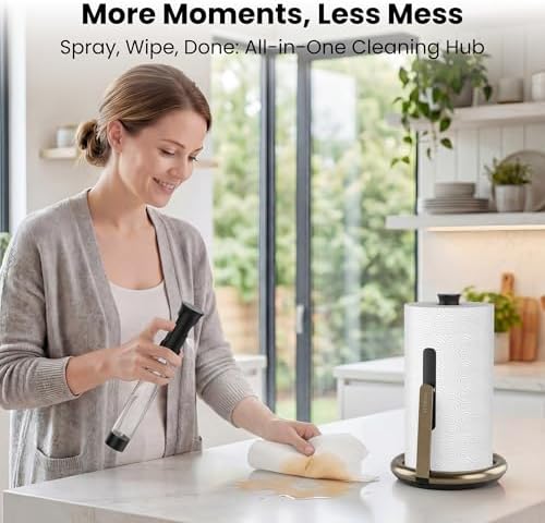 Ultrean Paper Towel Holder with Spray Bottle, Countertop Freestanding Paper Towel Dispenser with Spring-Loaded Tension Arm for One-Handed Tear, Weighted Non-Slip Base, Stainless Steel for Kitchen,Gold - Image 3