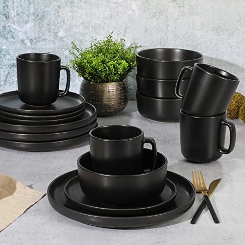 Gibson Home Zuma Stoneware Plates, Bowls, & Mugs Dinnerware Set - Matte Black, Service for Four (16pcs) - Image 3
