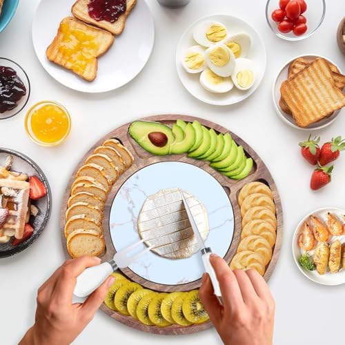 13.5" Round Acacia Wood Cheese & Charcuterie Board Set with Slate Chiller, Hidden Drawer & 420 Stainless Steel Knives/Forks - Ideal Wedding, Housewarming, Birthday Gifts - Image 6