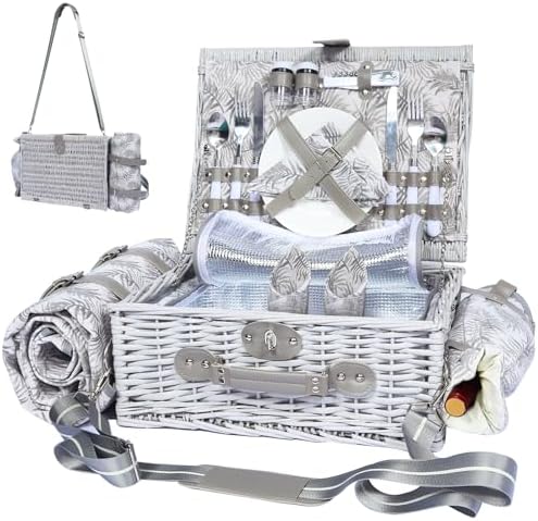Wicker Picnic Basket Set for 2, Blanket & Wine Pouch, 16.6" by HYBDAMAI