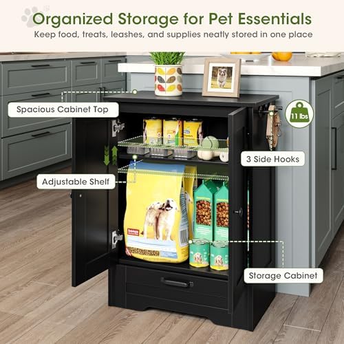 Dog Feeding Station with Storage Cabinet, Black Wood Dog Cabinet with 2 Elevated Stainless Steel Bowls, Hidden Pull-Out Feeder Drawer, Pet Feeding Station for Kitchen and Living Room - Image 6