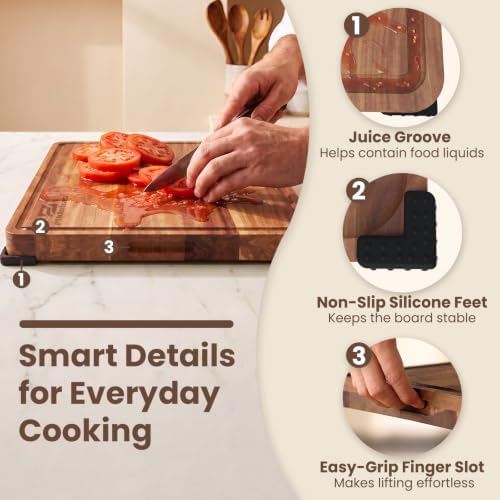 Piklohas Large Acacia Wood Cutting Board Set for Kitchen with Storage Stand - Image 5