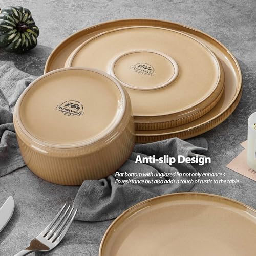 LIANYU 16 Piece Dinnerware Sets with Double Bowls, Ceramic Plates and Bowls Set for 4, Ribbed Stoneware Dishes, Microwave and Dishwasher Safe, Dune Khaki - Image 6