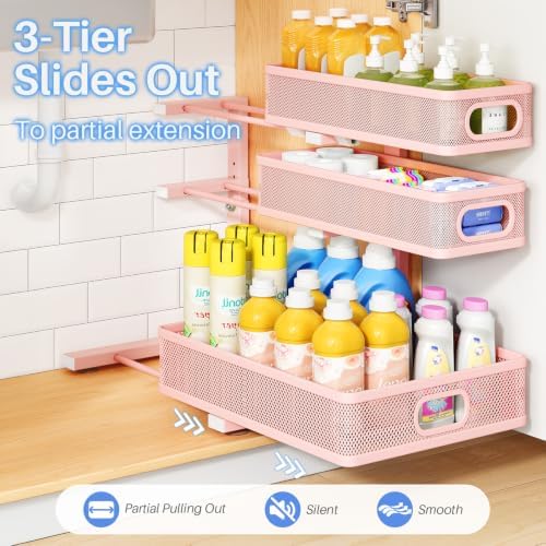 Under Sink Organizer, 3-Tier Thickened Metal Pull out Cabinet Organizer Shelf, Height Adjustable Slide out Storage Drawer Rack for Kitchen Bathroom Pantry Laundry Home Organization, 2-Pack, Pink - Image 5