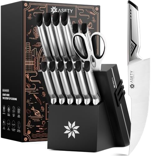 ASETY Kitchen Knife Set, 15 PCS One-Piece Stainless Steel Knife Block Set by ASETY