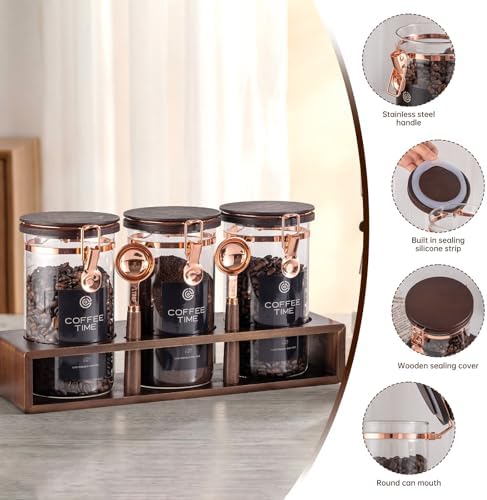 3 Piece Airtight Glass Coffee Canister Set, 42oz Food Safe Storage Jars with Wooden Shelf & Scoop, Sealed Countertop Organization Canisters for Coffee Beans, Tea, Sugar - Image 4