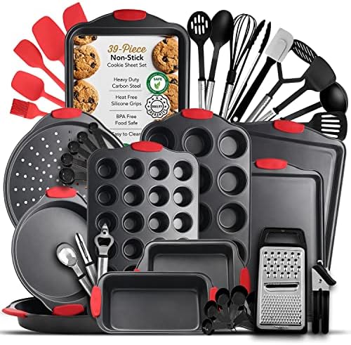 Eatex Nonstick Baking Sheet Set, 39-Piece Baking Pans Set with Silicone Handles, Carbon Steel Cookie Sheets for Baking, Commercial Grade Quality Bakeware Sets Includes Kitchen Utensils Set and More by Eatex