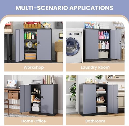 Metal Storage Cabinet,Locking File Cabinet with Doors and Adjustbale Shelves,Tool Steel Cabinets for Garage,Home Office,School,Gym(Grey & Black) - Image 5