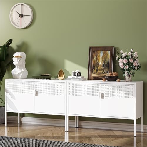 COFaR TV Stand for TVs up to 75 Inch, 40''L Media Console with Ventilation Doors, Metal Entertainment Center with Adjustable Shelves & 120Lbs Storage for Living Room & Bedroom, White - Image 3
