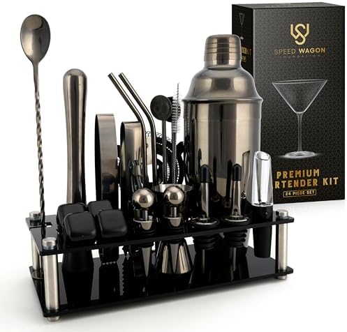 Mixology Bartender Kit – 24 Piece Gun Metal Cocktail Shaker Set w/Stand – Essential Home Bar Accessories Martini Shaker, Jigger, Muddler, Chilling Cubes & More by Unknown