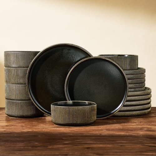 Dinnerware Set for 6, Ceramic Ribbed Plates, Bowls, Dishes by FamiwarePremium