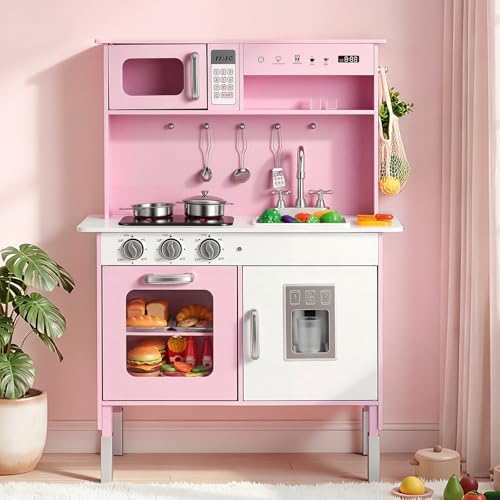 VEVOR Play Kitchen for Kids, Wooden Kids Kitchen Playset with Real Lights & Sounds, Food & Cookware, Pretend Play Toy Set, Microwave, Oven, Clicking Knobs, for Toddlers, Girls & Boys Ages 3-8, Pink by VEVOR