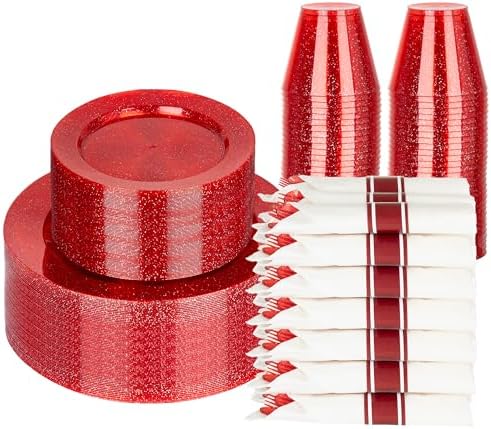 DaYammi 210PCS Red Glitter Plastic Dinnerware Set for 30 Guests by DaYammiwillaccompanyyou