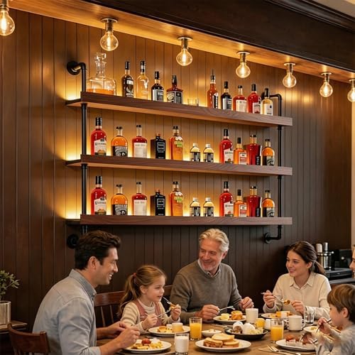 35In Wall Mounted Wine Rack 3-Tier Industrial Pipe with LED Light - Image 6