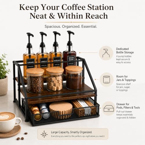 Coffee Bar Syrup Dispenser Set, 4 Pack 16.9oz/500ml Glass Syrup Dispensers with 1/4 oz Pumps & Stand, 2-Tier Coffee Bar Organizer Rack with 3 Storage Jars, 36 Labels, Brushes & Funnel - Image 6
