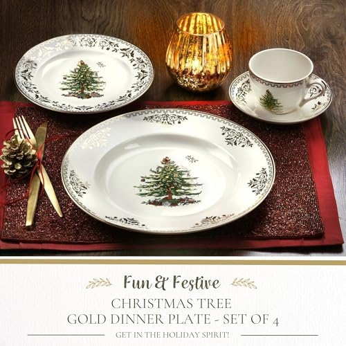 Spode Christmas Tree Gold Dinner Plates, Set of 4 - Holiday Serving Plates - Image 2