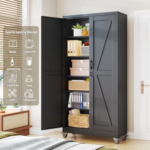 Metal Storage Cabinets with Wheels, Steel Tool Cabinets Lock Door and 5 Adjustable Shelves for Home Office, Garage, Kitchen (Black, 73.6" H) - Image 5