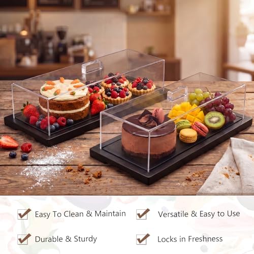 Mifoci 2 Pack Black Bamboo Wood Cake Stand Serving Tray with Acrylic Lid, 15 x 6 x 4 Inch Charcuterie Table Display Set, Dessert Serving Tray Set for Bakery, Buffet, Home Party & Restaurant - Image 4