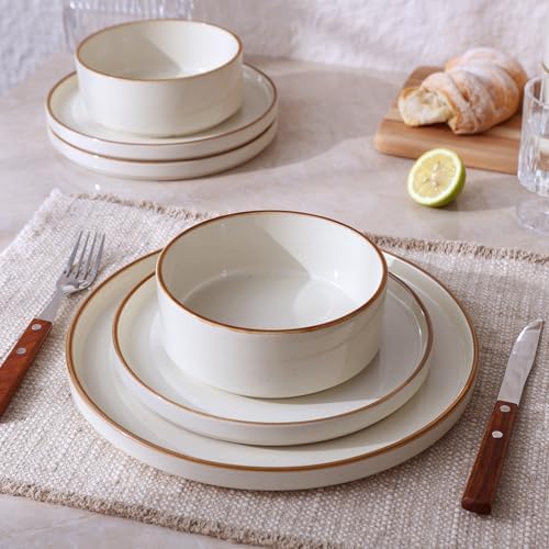 Famiware Nebula 24-Piece Dinnerware Set, Vanilla White with Brown Rim - Image 3
