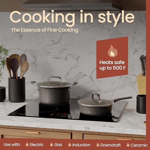 Pots and Pans Set, 23-Piece Non Stick Cookware & Bakeware Sets with Plaid Pattern, Stackable Design, Dishwasher Safe, Stain-resistant, Oven & All-Stove Safe, Tempered Glass Lid, Dark Gray - Image 3