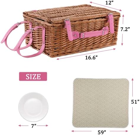 Picnic Basket for 4 with Waterproof Blanket, Pink Flower - Image 4