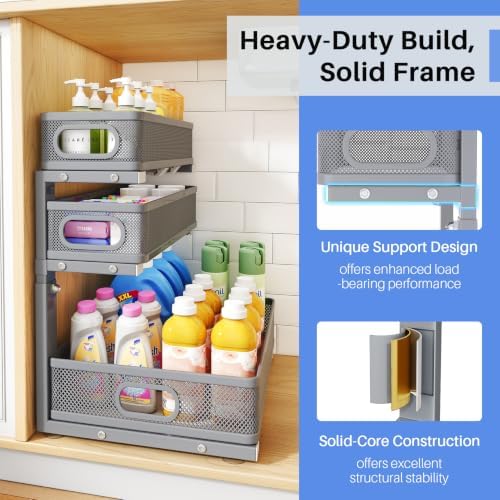 Under Sink Organizer, 3-Tier Thickened Metal Pull out Cabinet Organizer Shelf, Height Adjustable Slide out Storage Drawer Rack for Kitchen Bathroom Pantry Laundry Home Organization, 1-Pack, Grey - Image 6