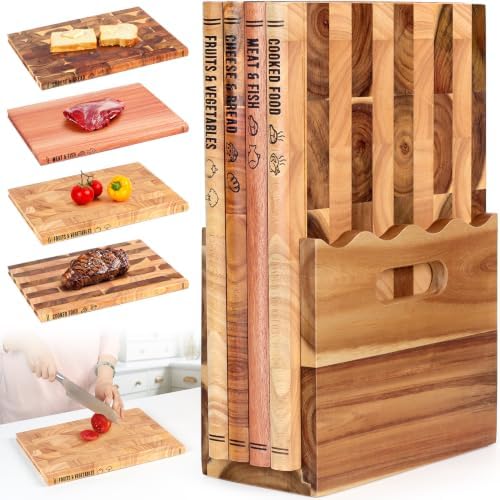4Pcs Book Cutting Board Set with Stand - The Cutting Board Library, Solid Wood Book-Shaped Boards for Serving & Display, Labeled for Meat & Fish, Bread & Cheese, Cooked Food, Fruits & Vegetables by LASIDO