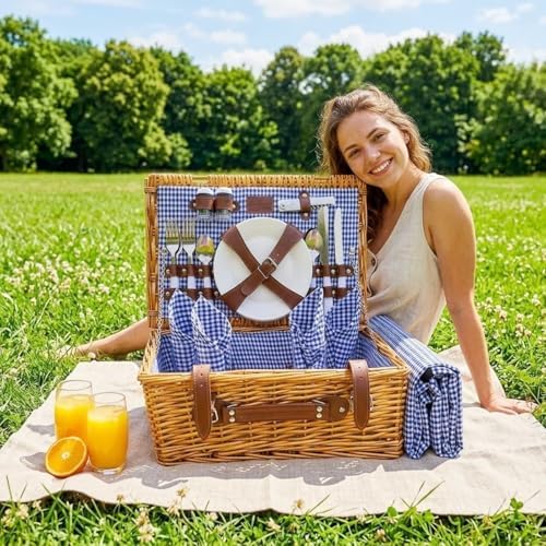 Multifunctional Wicker Picnic Basket Set for 4 Adults with Blue Blankets - Image 2