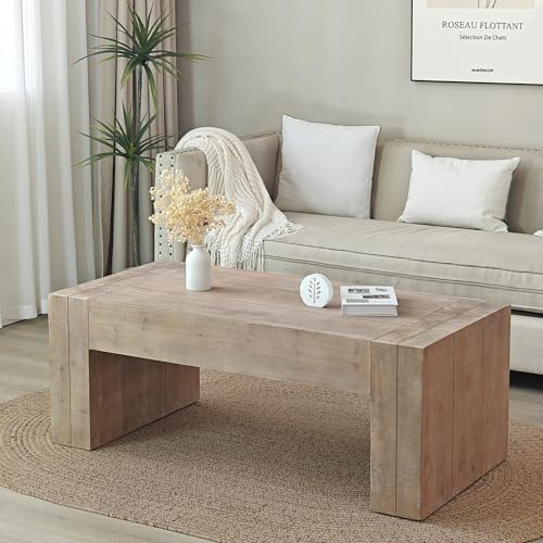 Rectangle Coffee Table with Thick Block-Style Legs Solid Wood Coffee Table by Unknown