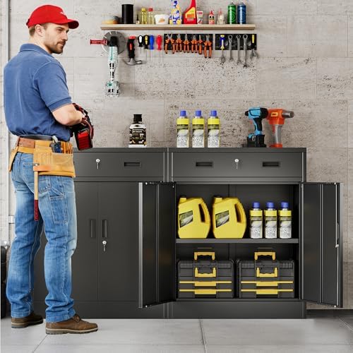 BESFUR Metal Storage Cabinet with Doors and Shelves, 36" H Locking Storage Cabinet with 1 Drawers, Reinforced Heavy Duty Metal Cabinets for Garage, Office, Home(Black) - Image 2