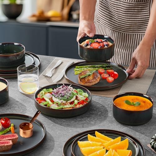 LIANYU Dinnerware Sets with Pasta Bowls, 8 Piece Ribbed Dinnerware Plates and Bowls Set for 2, Elegant Modern Stoneware Dishes Set for Kitchen Dining, Microwave and Dishwasher Safe, Jungle Green - Image 5