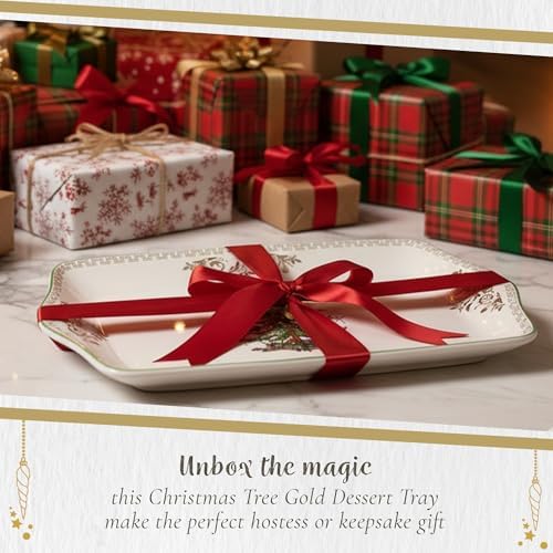Spode Christmas Tree Gold Dessert Tray - 12" Fine Porcelain Festive Serving Platter with Red Ribbons, Holiday Collectible Dish for Entertaining & Desserts - Winter Holiday Serveware Gift - Image 6