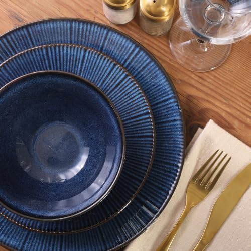 Gibson Elite Midnight Lune Plates and Bowls Sets, 12-Piece Stoneware Dinnerware Sets, Reactive Glaze Dish Set - Blue - Image 6