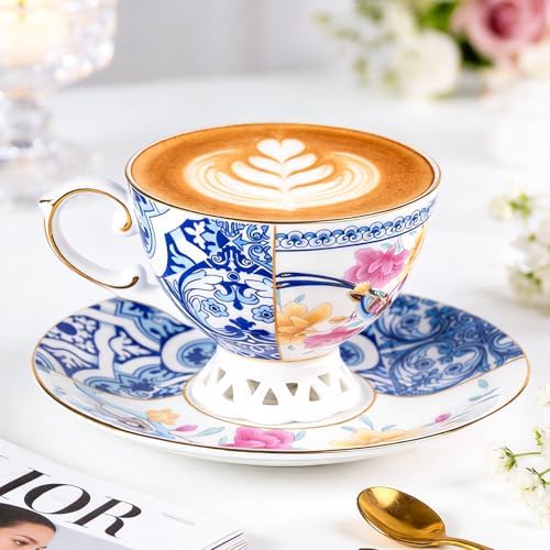 KAMMAK Tea Cups and Saucers Set of 2, Fine Bone China Coffee Cups, GH011 - Image 4