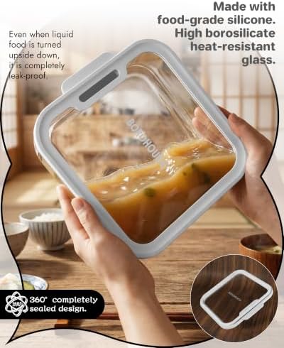 4-Pack Glass Food Storage Containers with Tempered Lids – Borosilicate, Airtight, Oven-Safe (-4°F~950°F), BPA-Free, 1Cup*2 & 2.3Cup*1 & 5.7Cup*1(Light gray) - Image 2