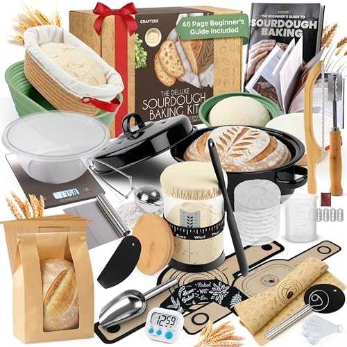 CraftZee Super All-Inclusive  Sourdough Starter Kit with Pot - Sourdough Bread Baking Supplies, Scale, Oval & Round Baking Slings, 4 proofing Baskets, Bowl, Timer, Beginner Guide Recipes by CraftZee