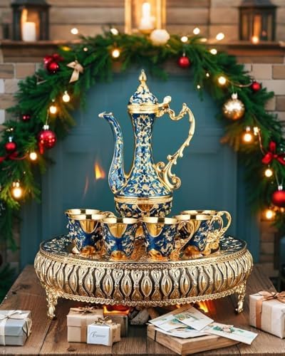 Turkish Tea Set Vintage Coffee Pot with Shiny Crystal Tray and 6 Cups for Home Party Table Decor Blue - Image 5