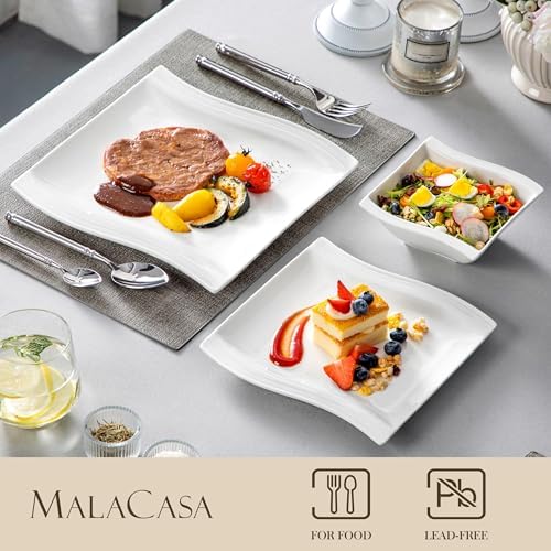 MALACASA Plates and Bowls Sets, 26 Pieces Ivory White Porcelain Dinnerware Sets without Mugs, Square Dinnerware with Dinner Plates, Bowls and Serving Platters, Modern Dish Set for 6, Series Flora - Image 3