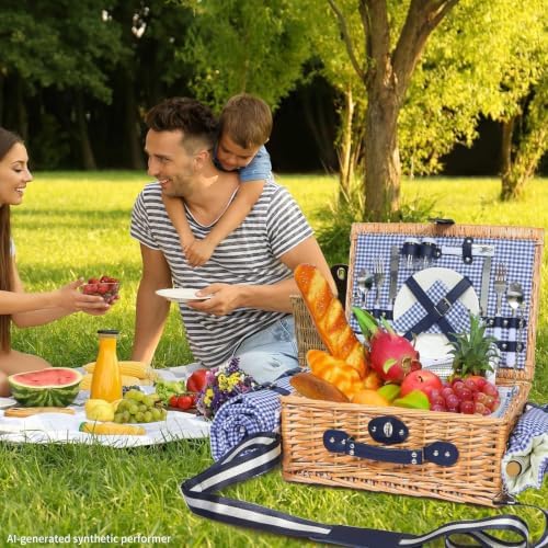 Wicker Picnic Basket for 2, Blanket & Wine Pouch, 16.6" Blue - Image 2