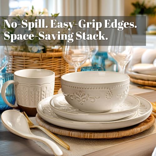 Artena Plates And Bowls Sets, 24 Pieces Dinnerware Sets, Dish Set For 6, Ceramic Kitchen Bowl And Plate Set, Embossed White Dishware Sets, Dishwasher & Microwave Safe (Damask Floral) - Image 4