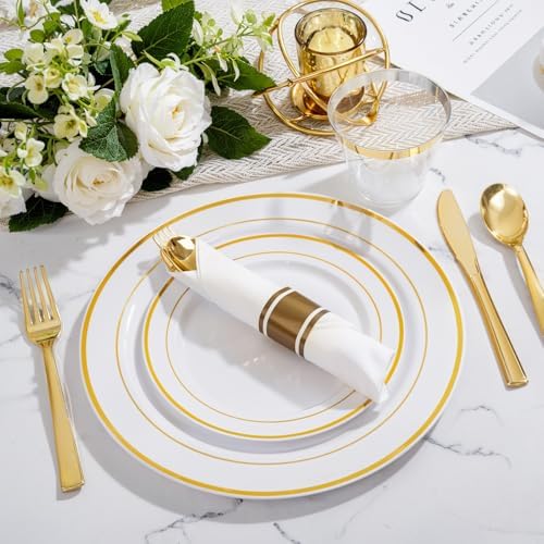 WELLIFE 350Pcs Gold Plastic Plates for 50 Guests - Plastic Dinnerware Set, Includes 100 Party Plates,150 Gold Silverware Disposable,50 Napkins,50 Cups,Disposable Plates for Party and Wedding - Image 6