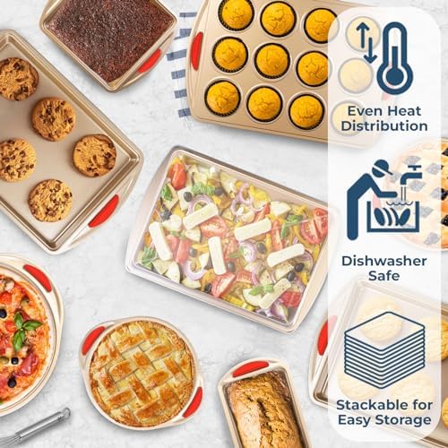 Perlli 10 Piece Baking Set - Nonstick Gold Steel Oven Bakeware With Silicone Handles, Cookie Sheets, Round Cake Pans, 9x13 Pan With Lid, Loaf Pan, Deep Pan, Pizza Crisper, Muffin Pan - Image 3