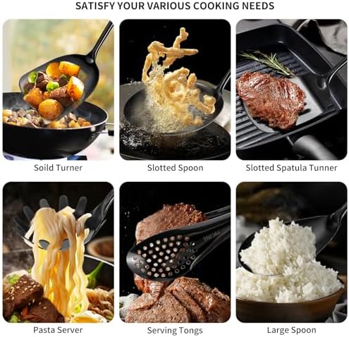 304 Stainlss Steel Matte Kitchen Utensils Set, 12 Pcs Long Metal Cooking Utensil Gadgets Tools Set with Spatula, Ladle, Spoon, Ladle, Skimmer, Tunner, Pasta Server, Tongs(Black, Dishwasher Safe) - Image 3