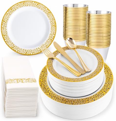 WELLIFE 350Pcs Gold Dinnerware Sets, Plates and Napkins Party Supplies Include:50 Dinner Plates, 50 Dessert Plates, 50 Paper Napkins, 50 Cups, 50 Gold Plastic Cutlery Set by WELLIFE