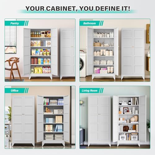 SISESOL Wide & Deep Pantry Storage Cabinet with 2 Doors and 5 Shelves,72 inch Tall Metal Storage Cabinet,Large Cupboard,White Cabinets for Home,Kitchen,Bathroom,Dining/Living Room - Image 4