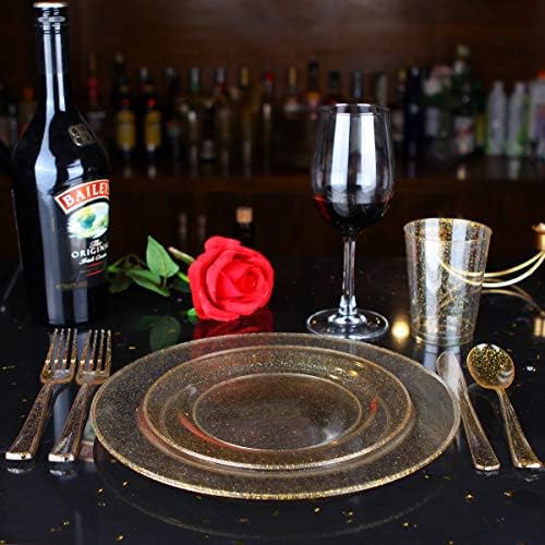 WELLIFE 175 Pieces Gold Glitter Plastic Plates with Silverware and Cups, Includes: 50 Plates, 50 Forks, 25 Knives,25 Spoons and 25 Cups for Party - Image 3