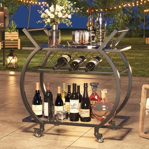 LVB Bar Cart with Glass, Black Bar Cart with Wheels, Home Bar Serving Cart - Image 6