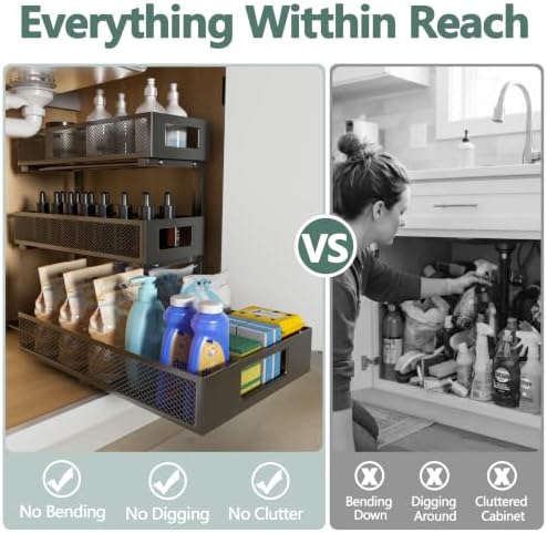 Under Sink Organizer, 3-Tier Height Adjustable Pull Out Cabinet Organizer - Image 5