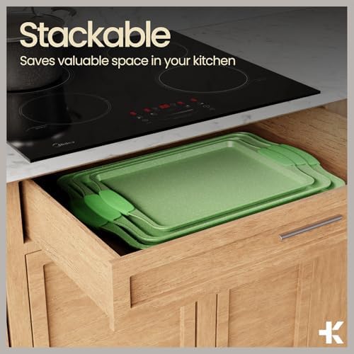 BAKKEN Kitchen Baking Pan Set - Nonstick Green Marble Coating, Carbon Steel Bakeware Sets with Green Silicone Handles, Kitchen Essentials, PFOA, PFOS, PTFE Free, Oven Safe (Up To 450° F), Set of 18 - Image 6