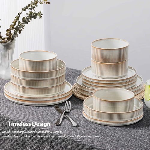 LIANYU Stoneware Dinnerware Sets with Pasta Bowls, 16 Piece Plates and Bowls Dishes Set for 4, Ribbed Dining Ware Dishware for Home, Microwave and Dishwasher Safe, Dawn Beige - Image 5